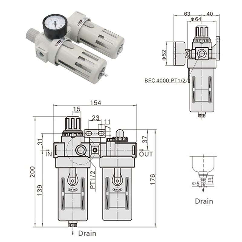 AOAUTO 1/2" NPT Compressed Air Filter Regulator Lubricator Combo,Air Tool Compressor Filter with Gauge(0-150PSI),Air Dryer for Compressor,Water/Oil Trap Separator(Manual Drainage) - Image 2
